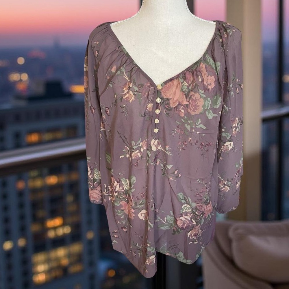 Chaps Ralph Lauren floral Blouse purple green cream sz 1X V Neck quarter sleeve - Picture 2 of 16